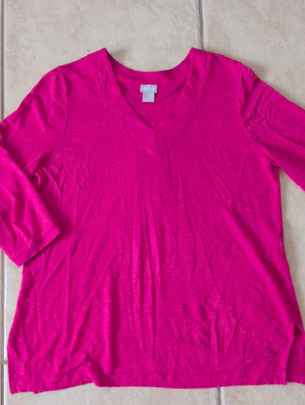 Chicos Hot Pink Knit Linen V-Neck 3/4 Sleeve Blouse Size 1